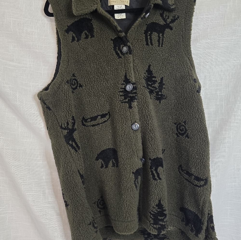 Green Fleece Vest with Black Animal Print XL
